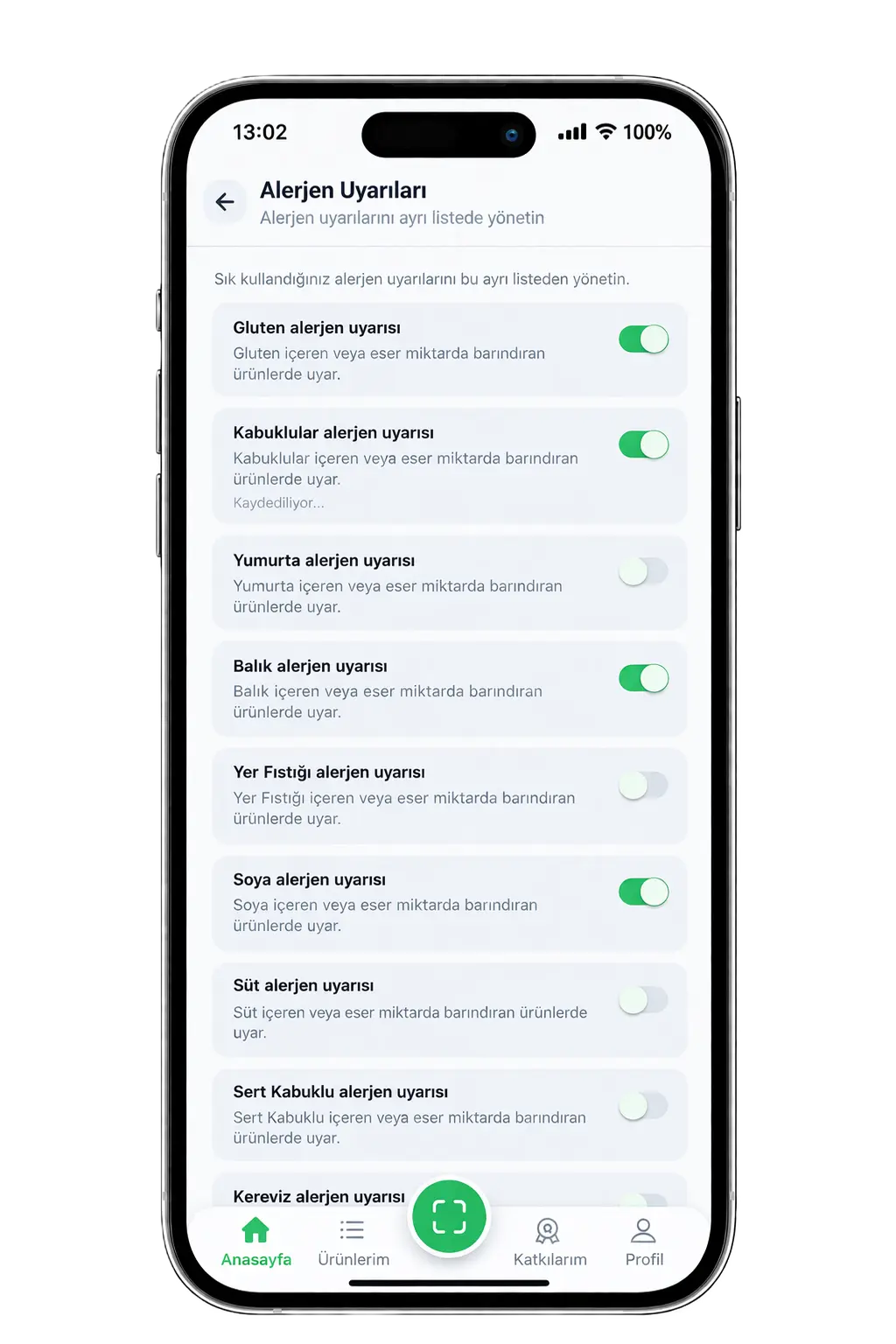 İçindeki Ne? alerjen uyarıları ekranı