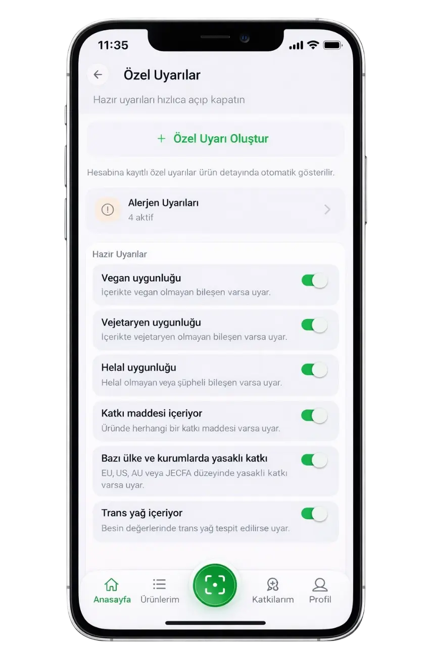 İçindeki Ne? genel filtreler ekranı