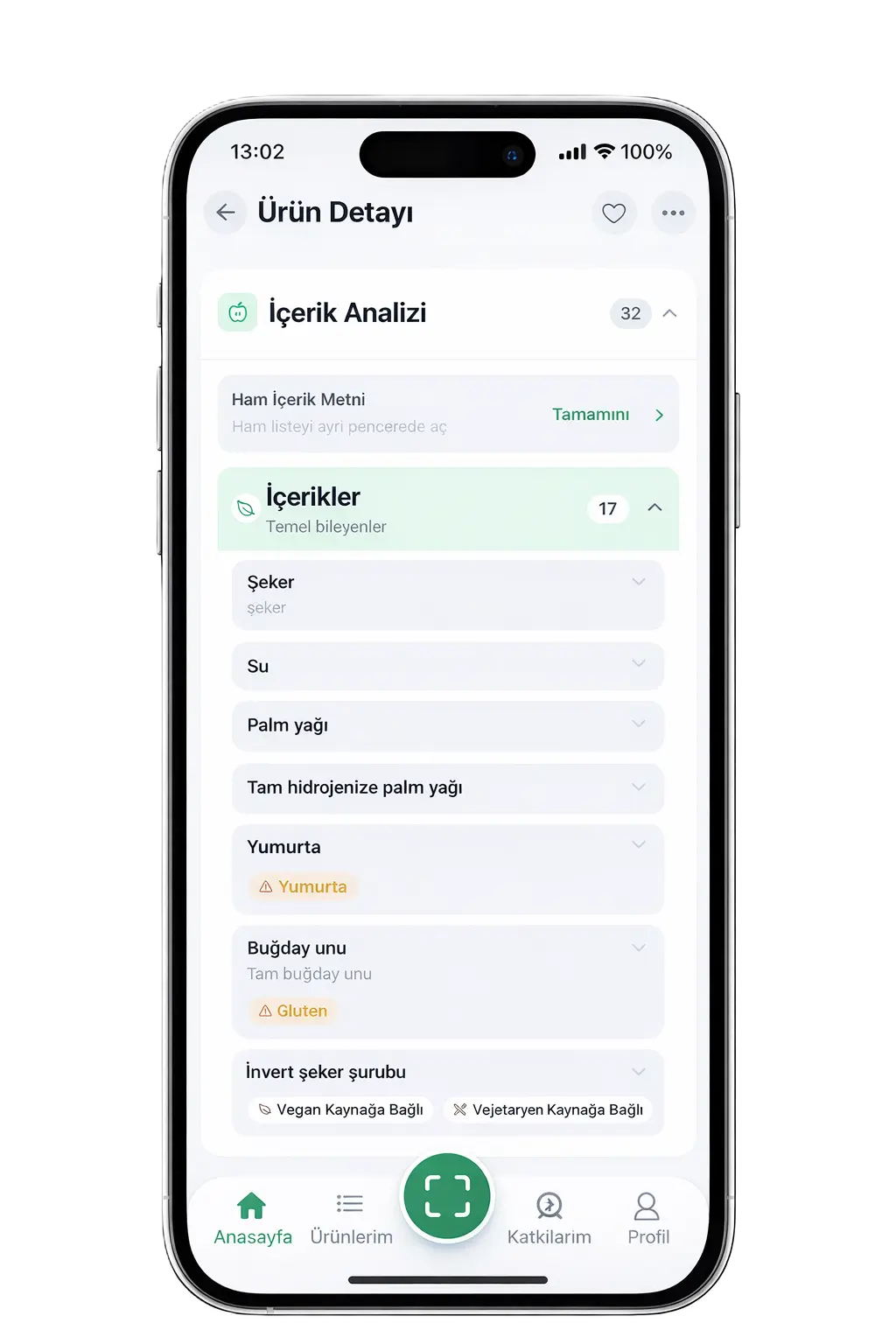 İçindeki Ne? içerik analizi ekranı